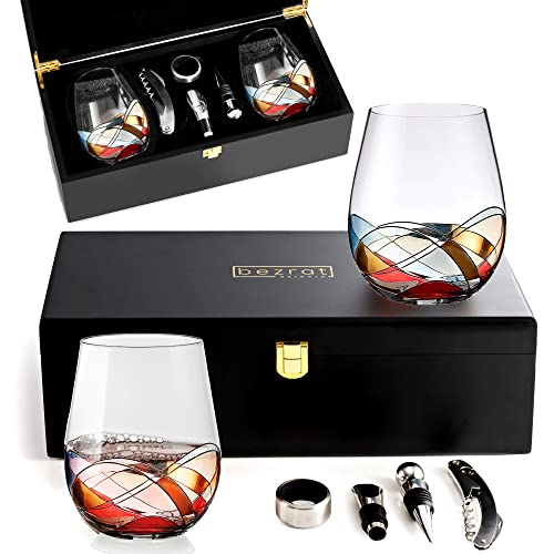 Stemless Wine Glasses Gift Set  Two  Hand Painted Large Premium Red and White Wine glasses  LeadFree Crystal  Essential Wine Gift  18 oz  Wine Lover Birthday Gift Box Mom Wife Siste  Bezrat