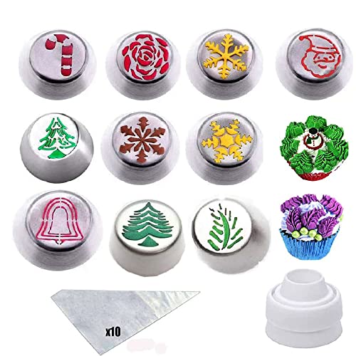 Christmas Russian Piping Tips Set for Cake Decoration Cakes Cupcakes Flowers Icing Tips  21pcs set Cake Piping Tips Baking Kits 10pcs Icing Nozzles1 Coupler 10 Disposable Pastry Bags Xmas Gifts