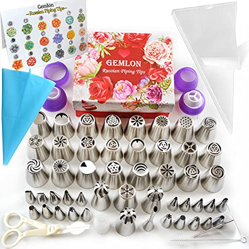 GEMLON Russian Piping Tips Cake Decorating Supplies  88 Baking Supplies Set  49 Icing Piping Tips  3 Russian Ball Piping Tip Flower Frosting Tips Bakes Flower NozzlesLarge Cupcake Decorating Kit