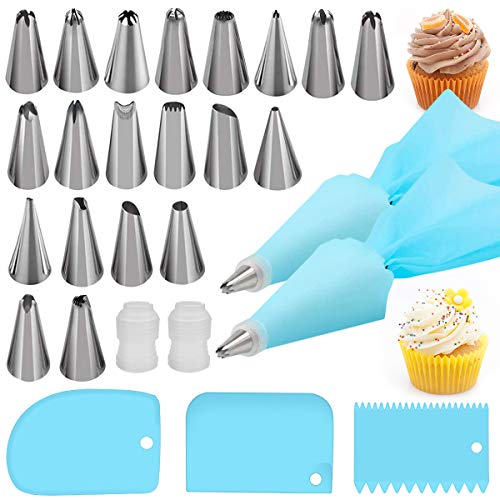 Silicone Icing Piping BagReusable Cream Pastry Bag and 20× Stainless Steel Nozzle Set DIY Cake Decorating Tool(20×Nozzle 2×Icing Cream Pastry Bag and 2 X Converter and 3×Scraper) Energy Class A