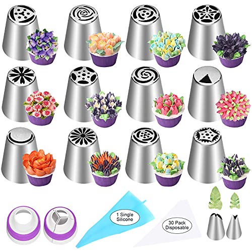 YLYL 47 Pcs Russian Piping Tips Set 12 Flower Frosting Tips Nozzles Icing Tips for Cake Decorating Tips Kit Baking Supplies for Cookie Cupcake 2 Leaf Piping Tips 2 Couplers 30 Pastry Baking Bags