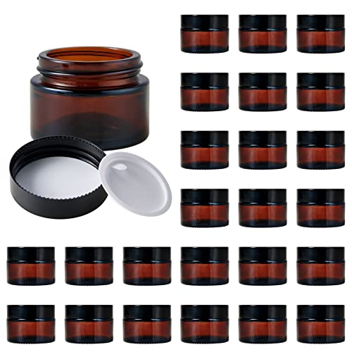 1oz Glass Jar with Lid Hoa Kinh 25Pack Amber Round Containers Cosmetic Glass Jars with Inner Liners and Black Lids Travel Jars for Storing Lip and Body Scrub Lotion Body Butter Bath Salts Liquid