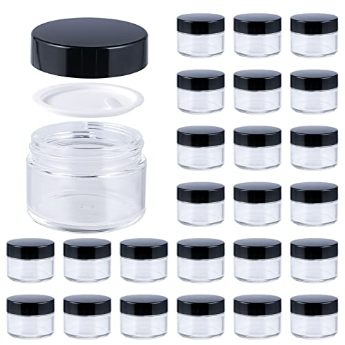 1oz Glass Jar with Lid Hoa Kinh 40 Pack Clear Round Containers Cosmetic Glass Jars with Inner Liners and Black Lids Travel Jars for Storing Lip and Body Scrub Lotion Body Butter Bath Salts Liquid