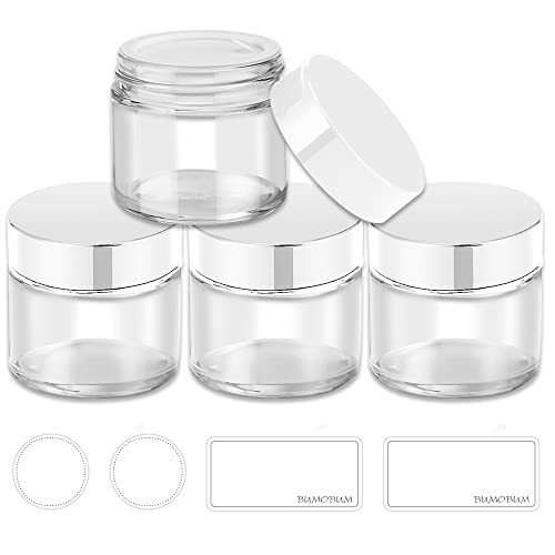 2 oz Glass Jars with Lids Bumobum 4 pack Clear Small Jar with White Lids Blank Labels  Inner Liners 60 ml Empty Round Cosmetic Containers for Sample Powder Cream Lotion Spice