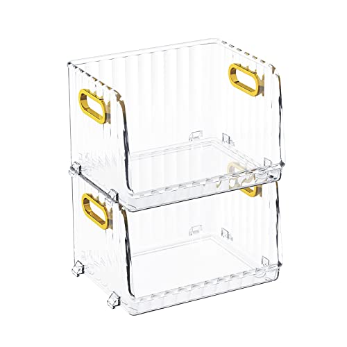ANMINY 2PCS Clear Cosmetic Storage Bins with Open Front Golden Handles Stackable Desktop Makeup Vanity PET Plastic Organizer Food Storage Basket Box Container Vertical Stripe Pattern  Small Size