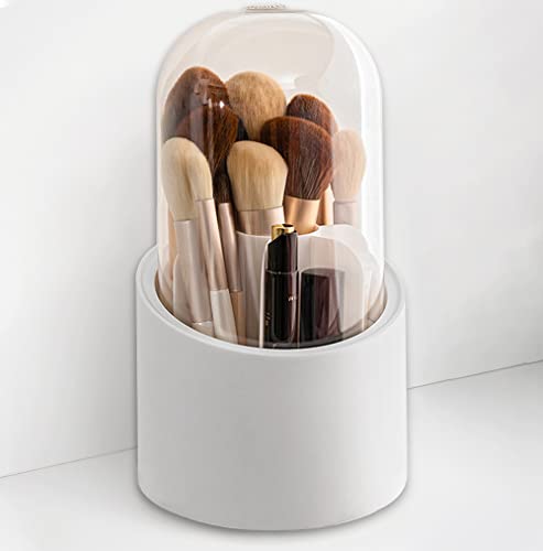Makeup Brush Holder Organizer with Lid Rotating Dustproof Make Up Brushes Container with Clear Acrylic Cover Spinning Cosmetics Holders Storage Cup for Vanity Desktop Bathroom Countertop