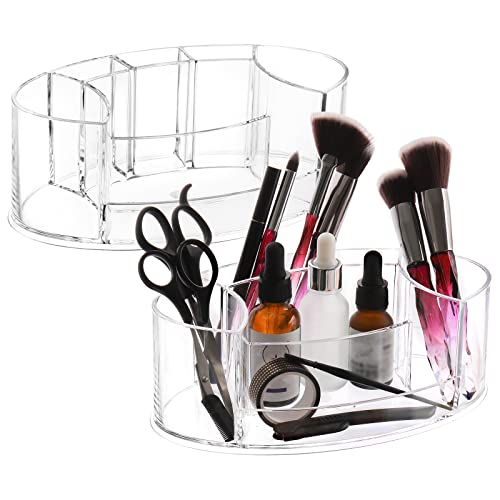 Okllen 2 Pack Acrylic Makeup Brushes Holder 7 Compartment Makeup Organizer Small Vanity Tray Storage Box Cosmetic Display Case for Lipstick Pencil Lotion Bathroom Counter Oval