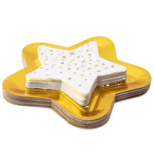 Whaline 24Pcs Star Shaped Plates and 24Pcs Star Napkin Gold White Paper Tableware Waterproof Disposable Dinnerware Set for Baby Shower Birthday Party Supplies Appetizers Fruit Dessert Decoration