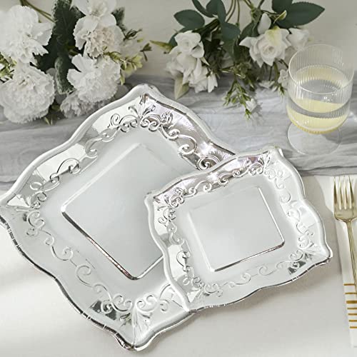 Efavormart 25 Pack  Silver 7 Square Vintage Appetizer Dessert Paper Plates Shiny Metallic Disposable Pottery Embossed Party Plates with Scroll Design Edge  350 GSM