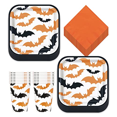 Halloween Party Happy Haunting Flying Bats Square Paper Dessert Plates Beverage Napkins and Cups (Serves 16)