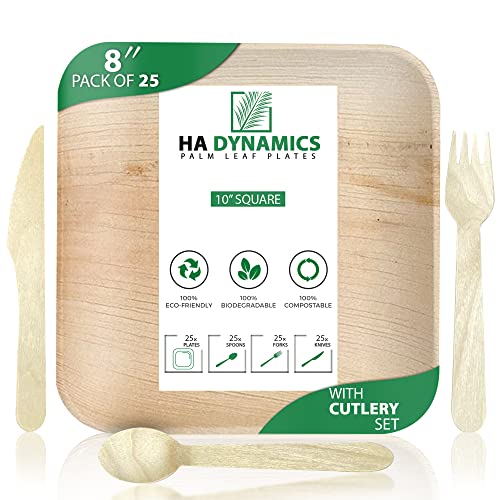 Palm Leaf Plates 8inch Pack of 100 Better than Bamboo Plates Disposable 100 Compostable Plates with Spoon Set  Sturdy Biodegradable Square Wood Plates for Birthday Party Wedding  Events