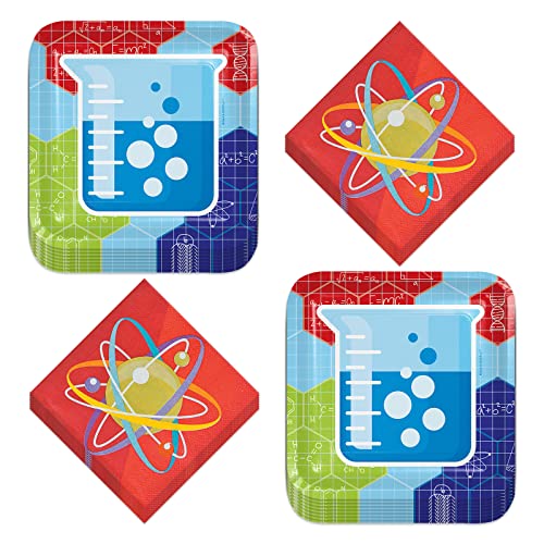 Science Party Square Lab Beaker Paper Dessert Plates and Atom Beverage Napkins (Serves 16)