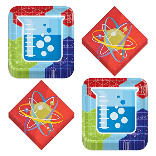 Science Party Square Lab Beaker Paper Dessert Plates and Atom Beverage Napkins (Serves 16)