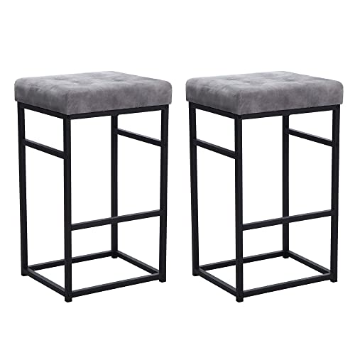 GIA 30Inch Bar Height Square Backless Metal Stool with Gray Velvet Cushion Black Set of 2