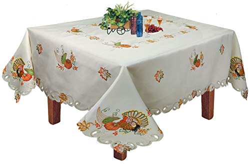 Creative Linens Fall Harvest Thanksgiving Tablecloth 70x140 Rectangular with 12 Napkins Embroidered Turkey Pumpkin Maple Leaf Table Linen for Holiday Decoration Ivory