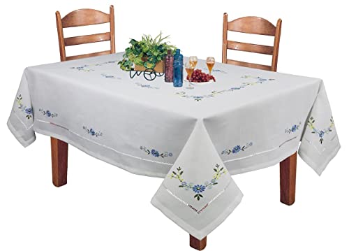 Creative Linens Hemstitched Embroidered Daisy Flower Tablecloth 70x140 Rectangular Table Cover White Blue