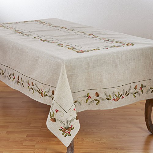SARO LIFESTYLE 1851N67140B Joyeuses Fêtes Collection Holiday Tablecloth with Embroidered Pinecone and Holly Design 67 x 140 Natural