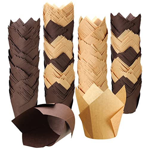400 Pcs Tulip Cupcake Liners Baking Cups Tulip Muffin Liners Wrappers Greaseproof Tulip Baking Cups Holders for Wedding Birthday Baby Shower Party Supplies Christmas Thanksgiving Gift (Brown Natural)