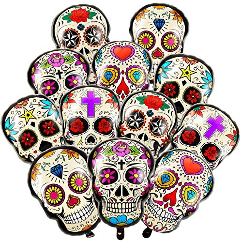 12 Pack Day of the Dead Sugar Skull Party Balloons Halloween Skull Balloons Halloween Decoration Balloons Day of the Dead Balloons for Halloween Sugar Skull Party Decoration 6 Styles