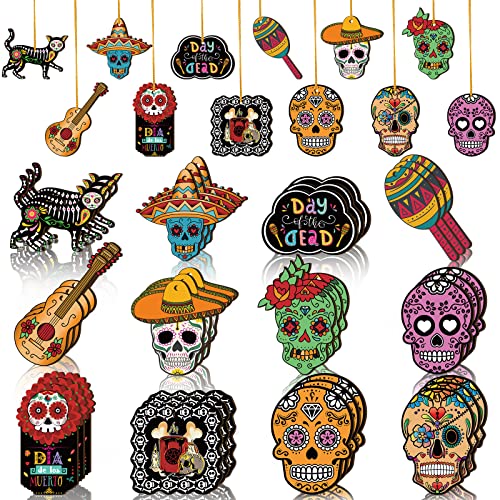 36 Pieces Day of The Dead Sugar Skull Halloween Wooden Ornaments Ghost Hanging Outdoor Skeleton Cats Wood Decorations for Mexican Halloween Party Indoor Patio Lawn Decor(Skull Style)