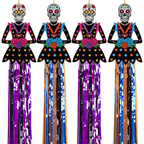4 Pack Day of the Dead Sugar Skull Hanging Decorations44 Inch Dia de Los Muertos Decor BannerHalloween Party Supplies for Home Outdoor Indoor