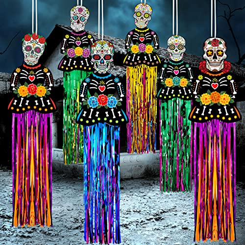 6 Pieces Day of The Dead Decorations 3 Ft Dia De Los Muertos Hanging Sugar Skull Decors Mexican Fiesta Halloween Day of The Dead Party Favor Supplies Dia Muertos Exterior Indoor Home Yard Decor