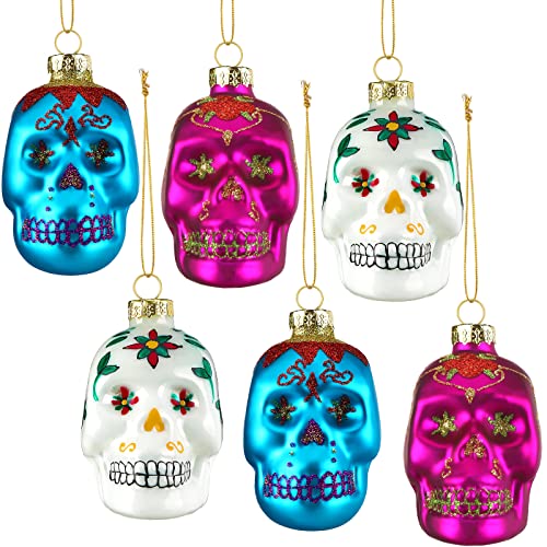 6 Pieces Halloween Skull Decorations Day of The Dead Glass Ornaments Glass Blown Sugar Skull Halloween Christmas Ornaments Dia De Los Muertos Party Skull Heads for Christmas Tree Hanging Decorations