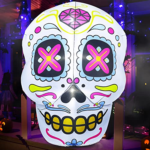 HOOJO 4 FT Halloween Inflatables Outdoor Decorations Day of The Dead Sugar Skull Decorations，Dia de Los Muertos Decor，Scary Halloween Blow up Yard Decorations with LED Lights