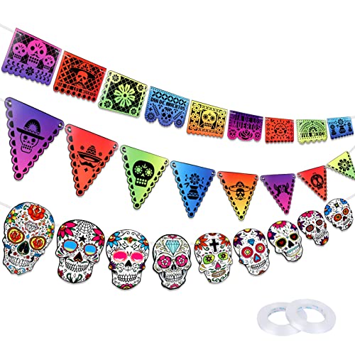 HOWAF Day of The Dead Decorations Dia De Los Muertos Pennant Banner for Day of The Dead Party Supplies Sugar Skull Bunting Banner Papel Picado Backdrop Garland for Mexican Themed Birthday Party Favors