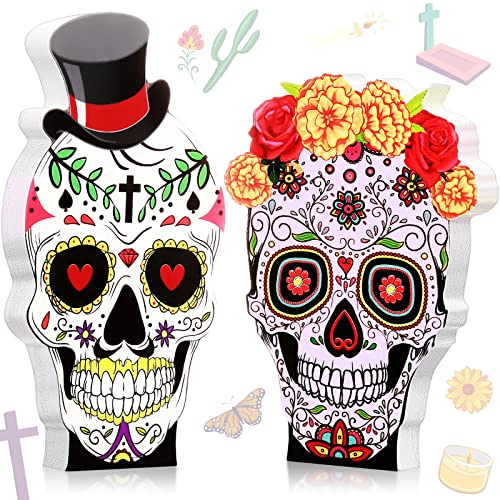 Yerliker Day of The Dead Wooden Signs Día De Los Muertos Centerpiece Signs Sugar Skull Couple Table Decorations Halloween Wooden Block Signs for Desk Shelf Table Window Home