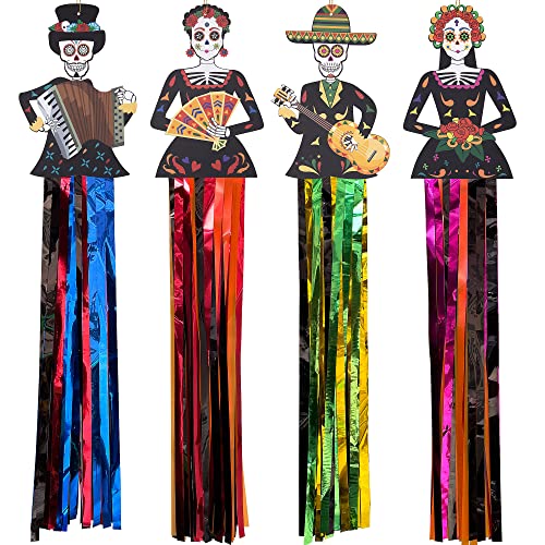 codree 4 PCS Day of the Dead Sugar Skull Hanging Decorations275x5 Inch Dia De Los Muertos Hanging Decorations for Day of the Dead Halloween Party Home Outdoor Decor