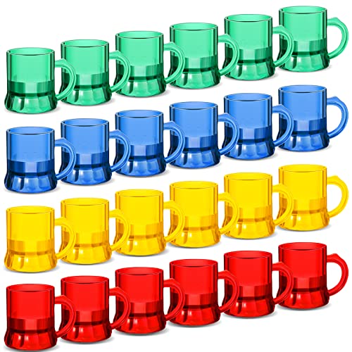 Mini Plastic Beer Mug 1 Oz Shot Glass Mini Beer Mugs Bulk with Handles for Birthday Weddings Party Supplies Assorted Color Green Yellow Blue Red (24 Pack)