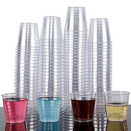 Zcaukya 100 Shot Glasses 1oz Clear Plastic Disposable Hard Cups Mini Cups Great Container for Sauce Sample Tasting Jello Shots Pudding