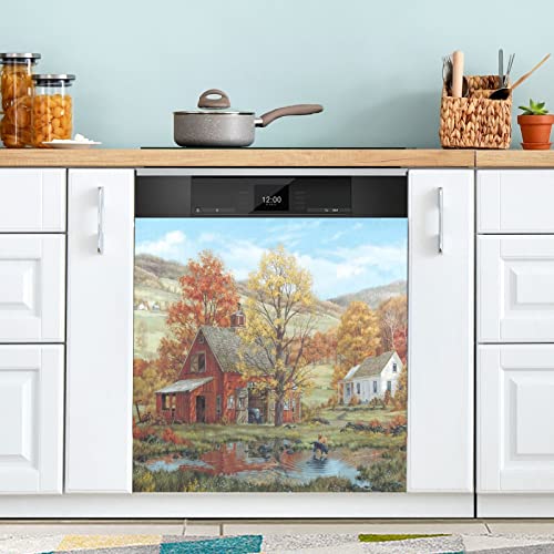 Autumn Farm Village Dishwasher Magnet Cover Fall Leaves Tree House Magnetic Sticker Dish Washer Door Panel Cover Fridge Appliance Magnet Decal Sheet Kitchen Decor 23x26 inch