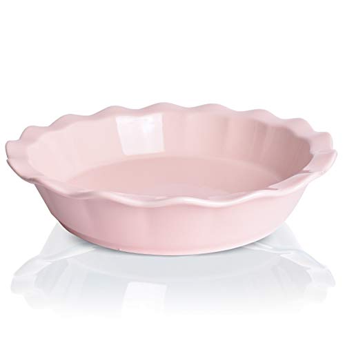 Bosmarlin Ceramic Pie Pan 9 Inches Pie Dish 50 oz Pie Plate for Baking Microwave Oven Safe and Dishwasher safe (Pink 9 inches)