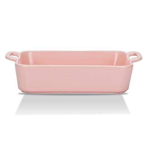 MDZF SWEET HOME Ceramic Baking Dish for Oven Individual Roasting Lasagna Pan Small Casserole Bakeware with Handle Rectangular Dish Pink