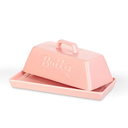 Porcelain Butter Dish with Lid Henten Home Classic Matte Butter Keeper for Countertop Large Butter Holder for Butter Storage Dishwasher Safe (Matte Pink)