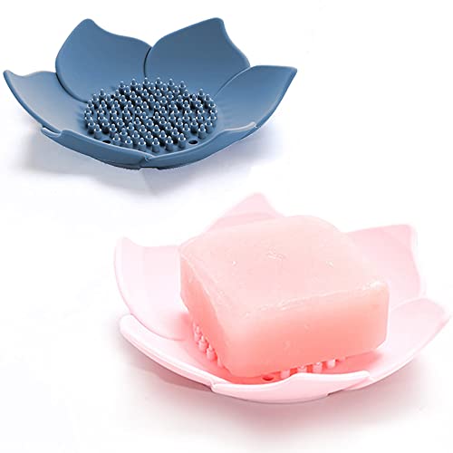 Soap Dishes with Draining Bathroom Bar Soap Holder for Shower Soap Tray for Kitchen Sink Silicone Flower Shape Soap Saver for Counter Bathtub Extend Soap Life Easy Dry (2 Pack Pink  Blue)