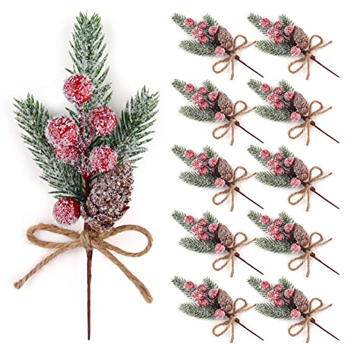 ELECLAND 10 Pcs Christmas Picks Decorations Artificial Pine Branches Stems Spray with Pine Cones Faux Pine Picks Red Berry Holly Leaves for Craft Floral Christmas Wreath Picks Ornaments Red
