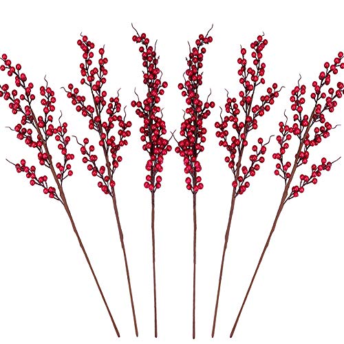 Greentime 6 Pack Artificial Berry Long Stems Fake 252 Inches Christmas Red Berries Faux Holly Berries Branches for Christmas Wreath Vase Holiday Home Decor