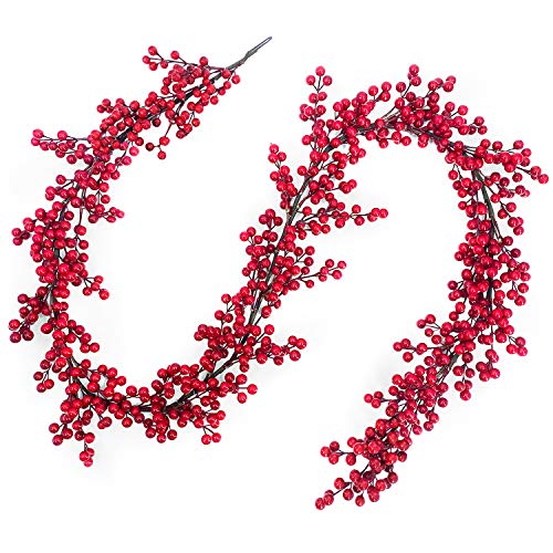 TURNMEON 6 Foot Christmas Red Berry Garland Christmas Decorations 756 Red Berry Thick 108 Branch Wreath Xmas Decoration Indoor Outdoor Home Mantle Fireplace Holiday Decor