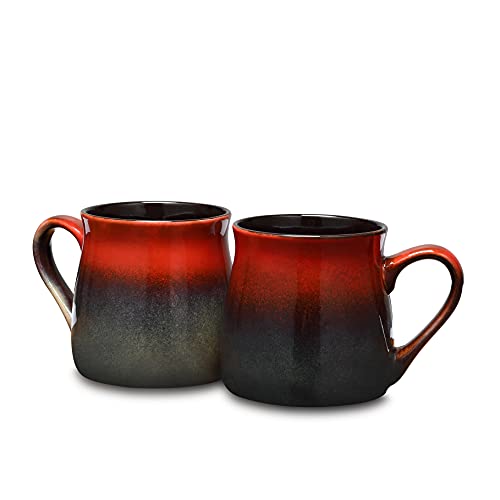 18Oz Handmade Glazed Potbelly Ceramic Coffee Mug Set Of 2RedBrown Tan Color Pack 2
