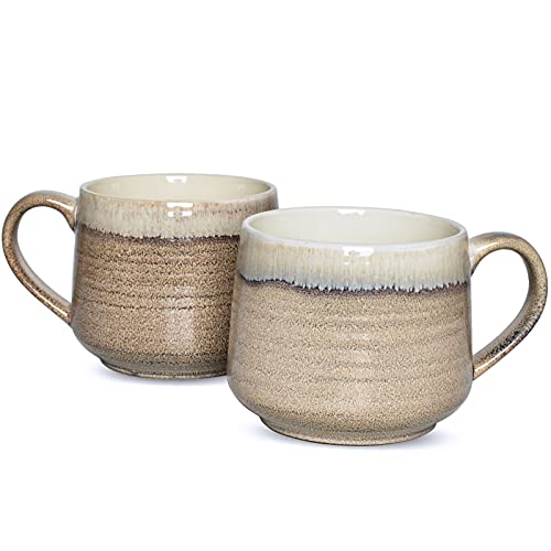 Bosmarlin Large Ceramic Wide Coffee Latte Mug Set of 2 18 Oz Big Stoneware Tea Cup for Office and Home Dishwasher and Microwave Safe (Brown Grey 2)
