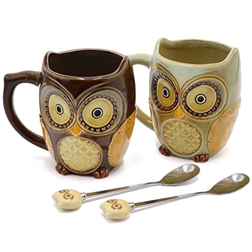 SQOWL 3D Coffee Mug Cute Set of 2 Owl Ceramic Coffee Mugs with spoons Office Tea Cups for Women Men 12 oz Cyan and Brown
