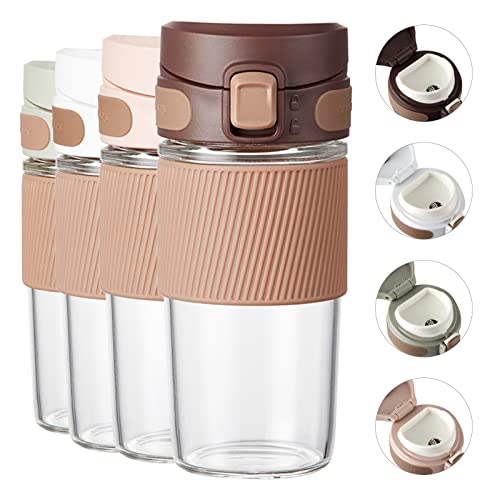 TKK Glass Travel Coffee Mug with Lid 16 OZ Leak Proof Reusable Coffee Cup with Silicone Sleeve  BPA Free Brown