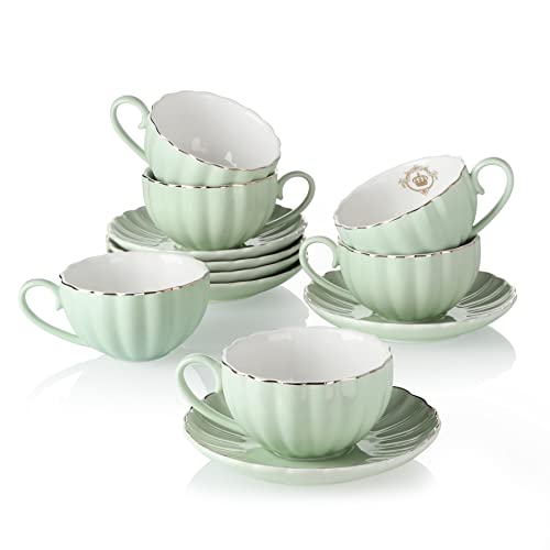 Amazingware Royal Tea Cups and Saucers with Gold Trim and Gift Box British Coffee Cups Porcelain Tea Set Set of 6 (8 oz) Mint Green