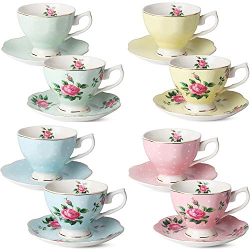 BTaT Floral Tea Cups and Saucers Set of 8 (8 oz) MultiColor with Gold Trim and Gift Box Coffee Cups Floral Tea Cup Set British Tea Cups Porcelain Tea Set Tea Sets for Women Latte Cups