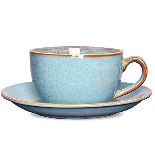 Bosmarlin Coffee Cup Mug with Saucer for Latte Cappuccino Tea 85 Oz Dishwasher and Microwave Safe Reactive Glaze 1 Pcs(Lake blue 1)