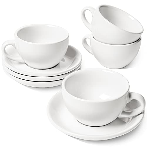 LE TAUCI 8 oz Cappuccino Cups with Saucers，Ceramic Large Coffee Cup for Au Lait Double shot Latte Cafe Mocha Tea  Set of 4 White