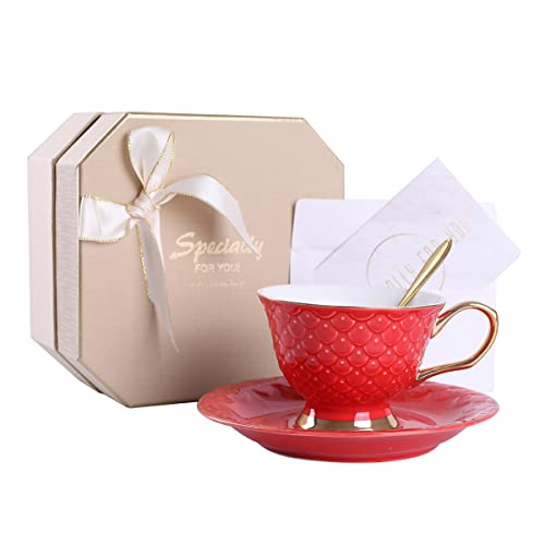 LLDAYU Vintage Style Ceramic Tea Cup Set  gift box packaging 8 Ounces Exquisite With Embossed Pattern Design Coffee Mug Tea Cups Set  for Women Mom（red）